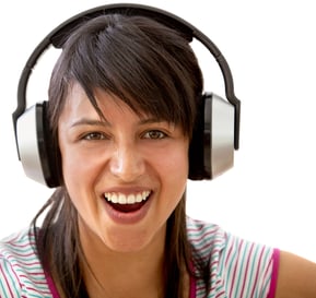 Happy girl with big earphones isolated over white