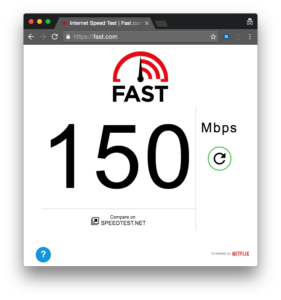 Speedtest from Fast.com showing 150 Mbps.