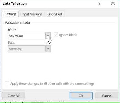 data validation menu