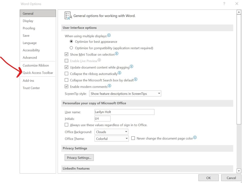 quick access toolbar